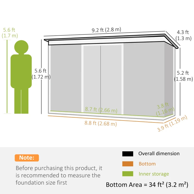 Black 9ft x 4ft Metal Garden Storage Shed With Foundation Kit, Ventilation and Double Doors