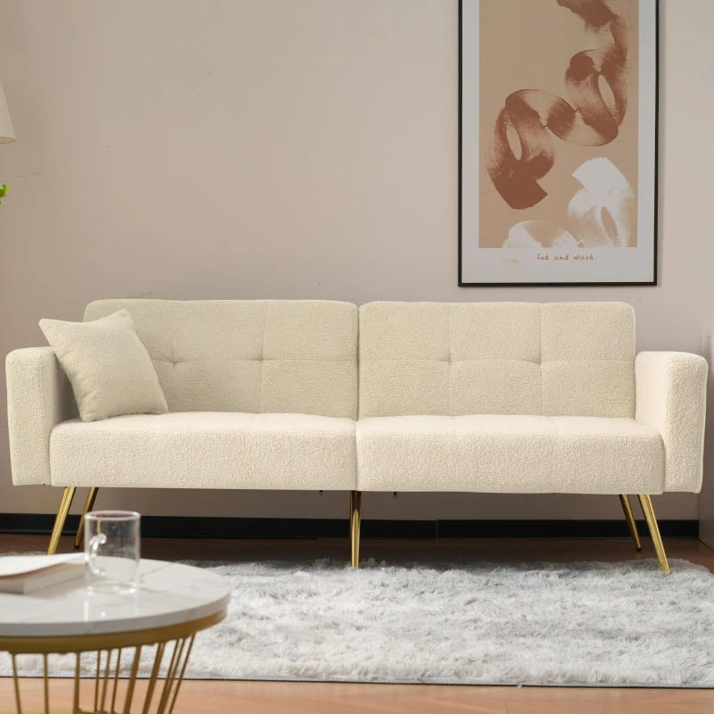 Elegant Beige Convertible Sofa Bed with Adjustable Backrest and Side Pockets, Perfect Loveseat for Bedroom, 176L x 64W x 75H cm