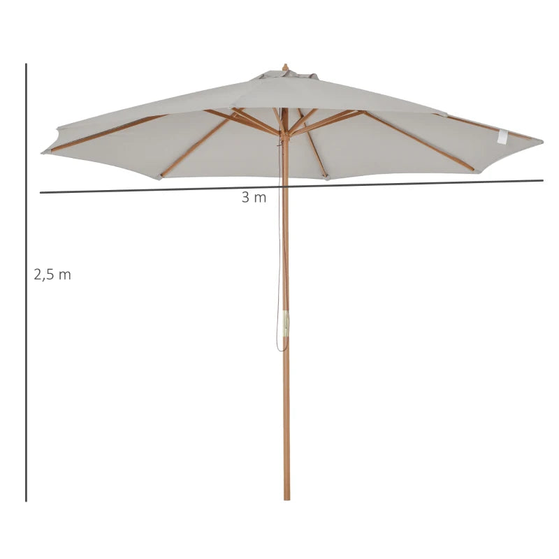 Grey 3m Wooden Patio Umbrella with Pulley Mechanism