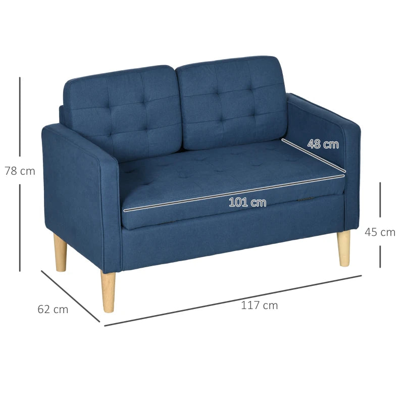 Compact Modern Loveseat Sofa with Hidden Storage, 117cm Tufted Cotton Couch with Wooden Legs in Blue