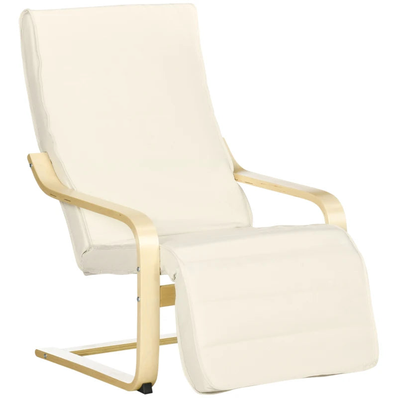 Cream White Wooden Reclining Lounge Chair with Adjustable Footrest and Removable Cushion for Deck Relaxation