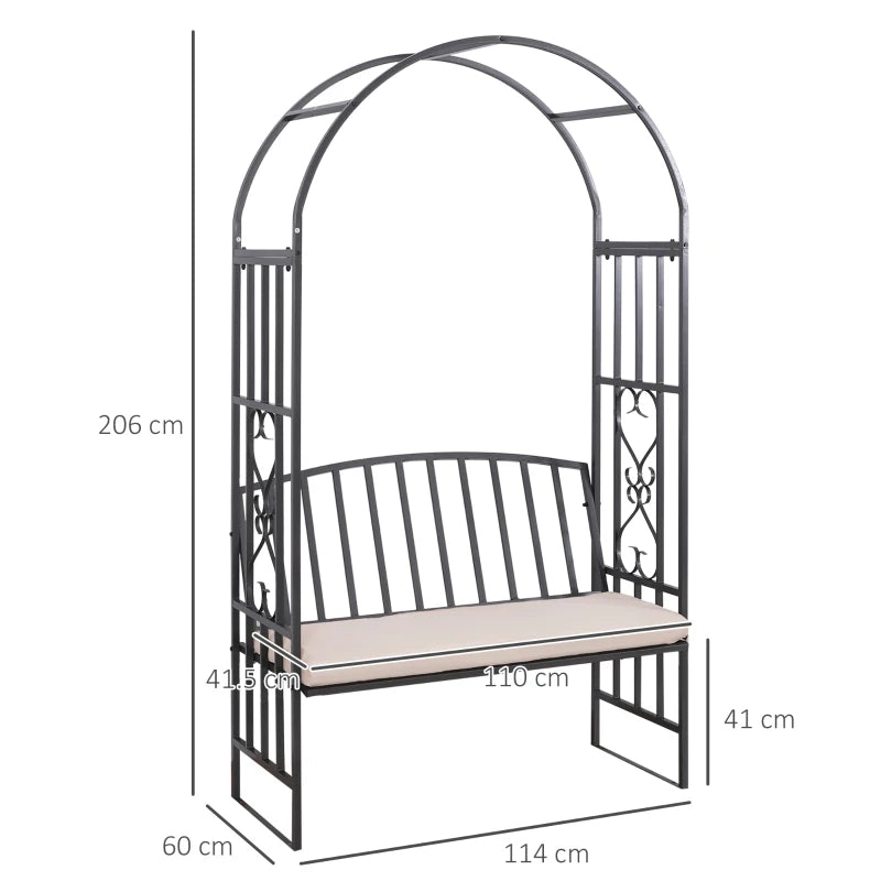 Grey Metal Frame Garden Bench with Arch, 114x60x206 cm