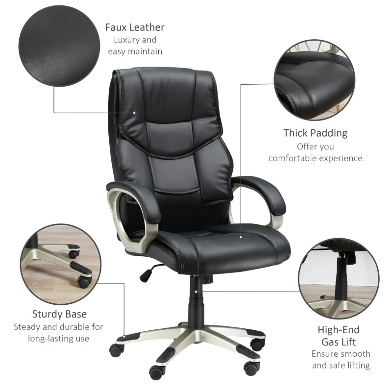 High Back Faux Leather Home Office Chair - Adjustable Height Rocking Desk Chair in Black for Comfort & Style