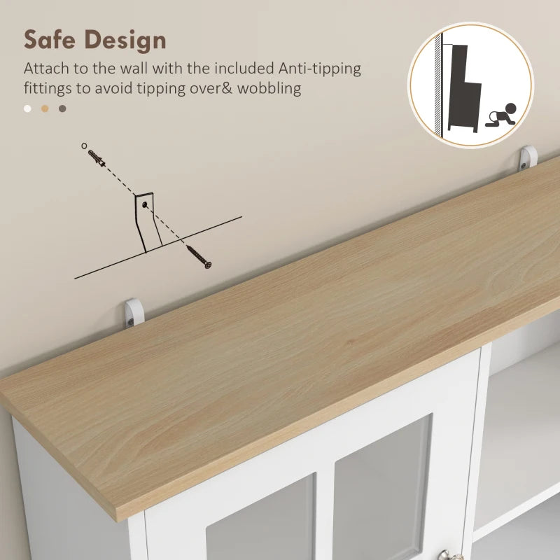 Freestanding Kitchen Storage Cabinet with Adjustable Shelves and Glass Doors 80L x 37W x 183H cm White