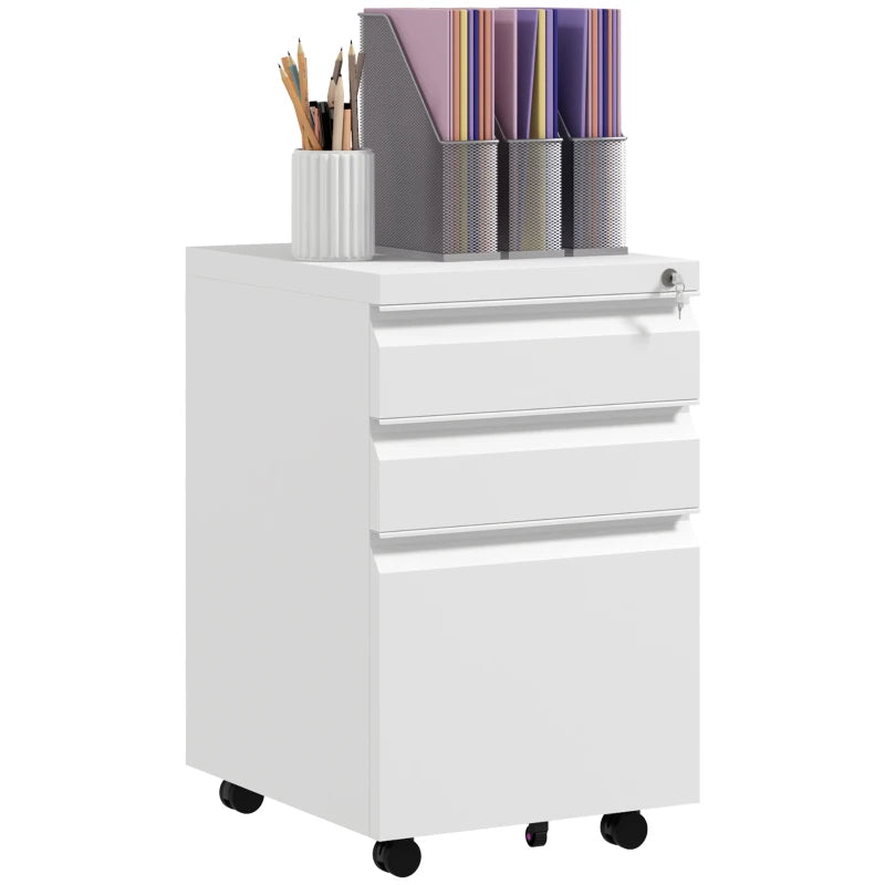 Vinsetto Mobile 3-Drawer Filing Cabinet with Lock - Steel Under Desk Storage for A4, Legal & Letter Size - White