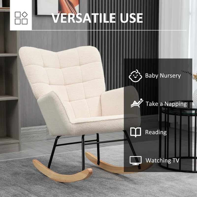 Berber Fleece Nursery Glider Rocker for Nursing and Relaxation, Wingback Rocking Chair in Beige for Living Room