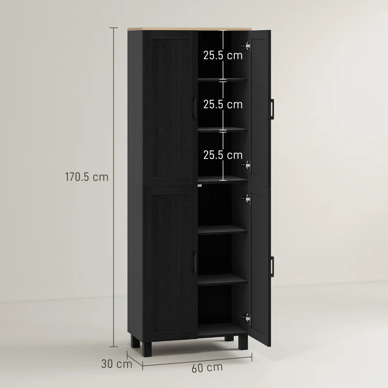 Modern 4-Door Freestanding Kitchen Cupboard - Adjustable Shelves Storage Cabinet, 170cm Black Pantry for Dining Room