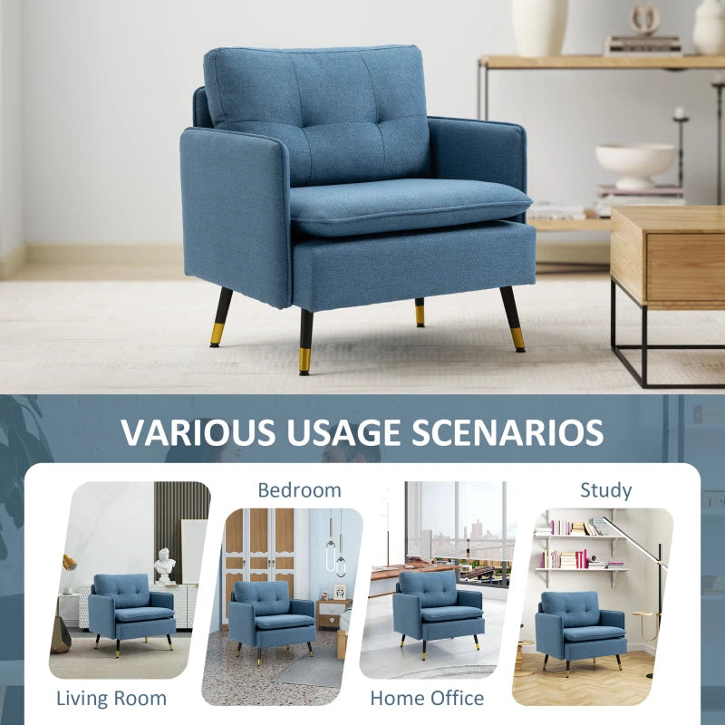 Modern Button Tufted Armchair with Cushions and Steel Legs - Dark Blue Accent Chair for Living Room or Guest Room
