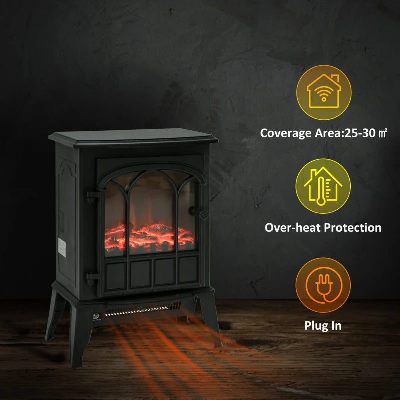 Freestanding Electric Fireplace Heater with LED Flame Effect and Overheating Protection 1000W 2000W Black