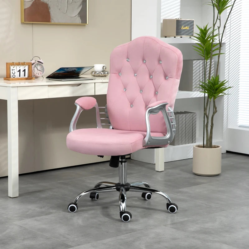 Vinsetto Pink Velvet-Feel Office Chair with Diamante Back - Stylish Ergonomic Design for Home & Office