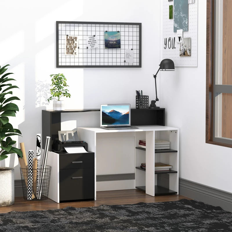 Modern Computer Desk with Drawers & Storage Shelves - Large Office Writing Table with Printer Stand, Black & White, 137x55x92cm