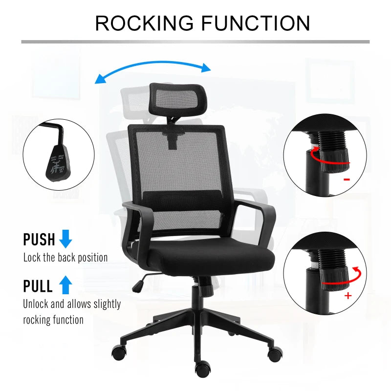 Ergonomic Mesh Swivel Office Chair with Adjustable Headrest & Lumbar Support - High Back Task Chair, Black, Adjustable Height