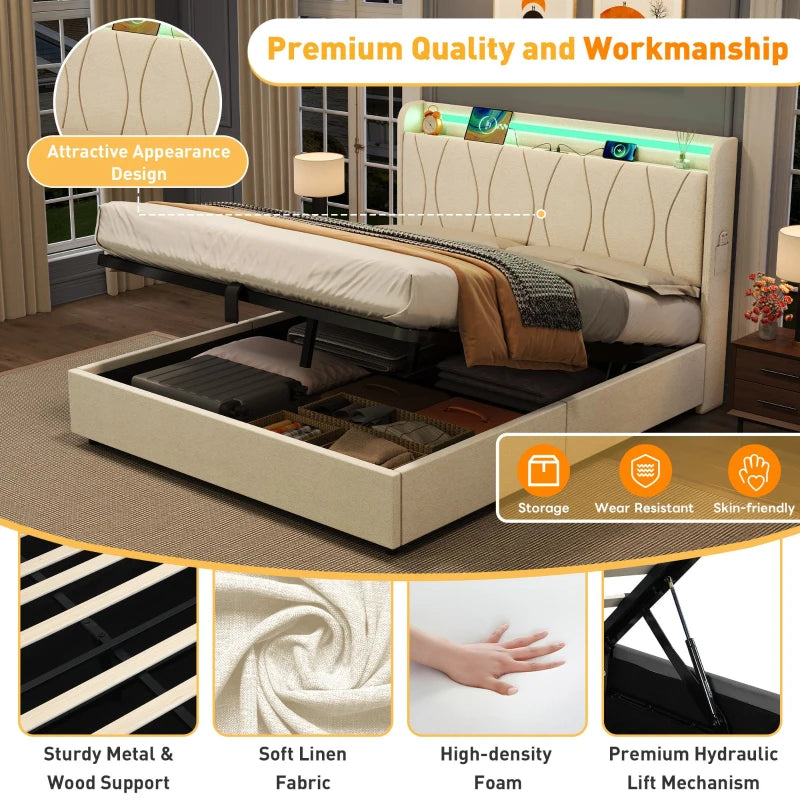 Double Upholstered Bed with LED Headboard & USB Ports - Hydraulic Storage Bed, Beige, 207x136x105 cm - Modern Charging Station