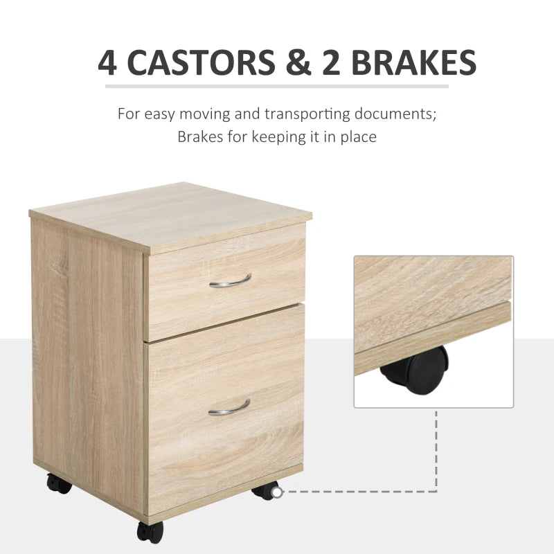 Oak Two Drawer Filing Cabinet on Wheels - Stylish and Functional Storage Solution for Home or Office