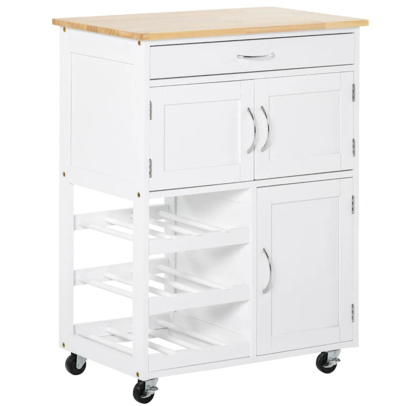 Modern Kitchen Trolley - Rolling Storage Cart with Drawer, 9-Bottle Wine Rack, Door Cabinets & Wooden Countertop in White