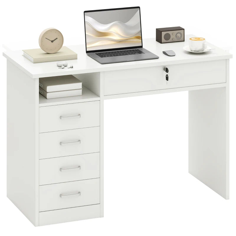 Modern Home Office Computer Desk with Lockable Drawer and Storage Shelf for Study or Bedroom 110x50x76 cm White