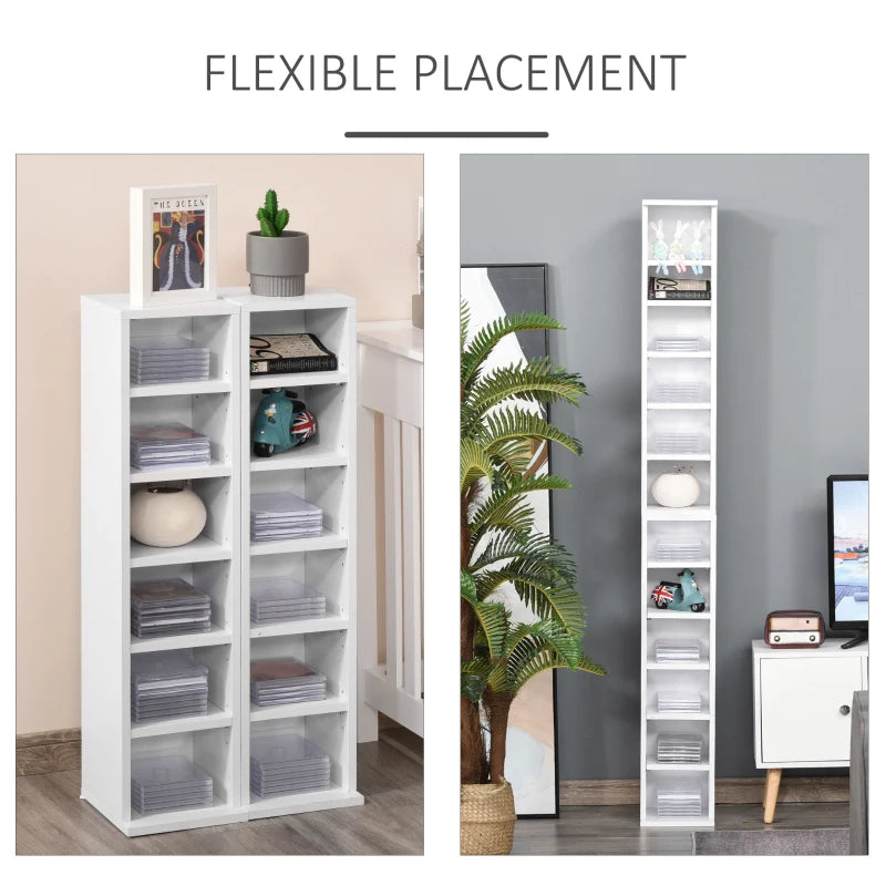 Set of 2 White CD Media Display Shelves - Adjustable Blu-Ray Tower Rack & Bookcase Storage Organizer