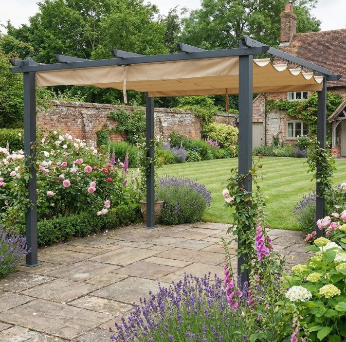 3m x 3m Khaki Aluminium Pergola with Retractable Roof
