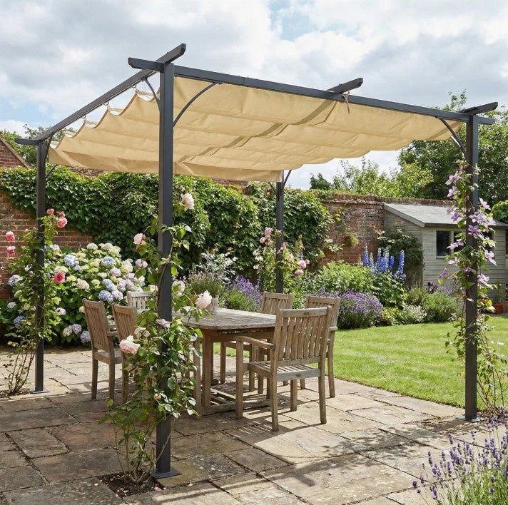 3m x 3m Beige Metal Pergola - Outdoor Garden Gazebo