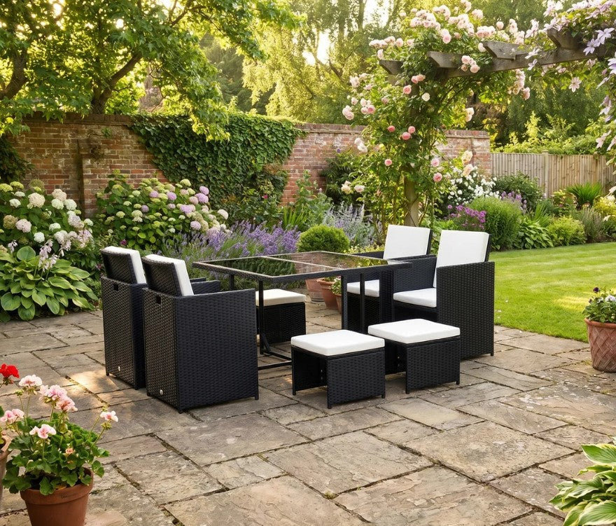Black 9 Piece Rattan Dining Set With Glass Top Table & White Cushions