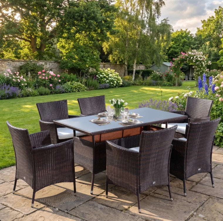 Brown 6 Seater Rattan Dining Set with Cushions and Rectangular Glass Top Table