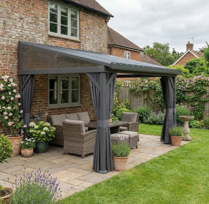 4.3m x 3m Lean-To Garden Pergola with Galvanised Steel Roof – Dark Grey Patio Gazebo with Netting Curtains for All-Weather Outdoor Living