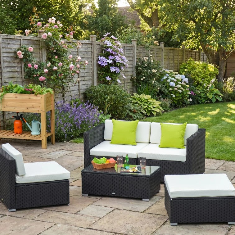 Black 4-Seater Rattan Sofa Set With Coffee Table and Cushion Pillows