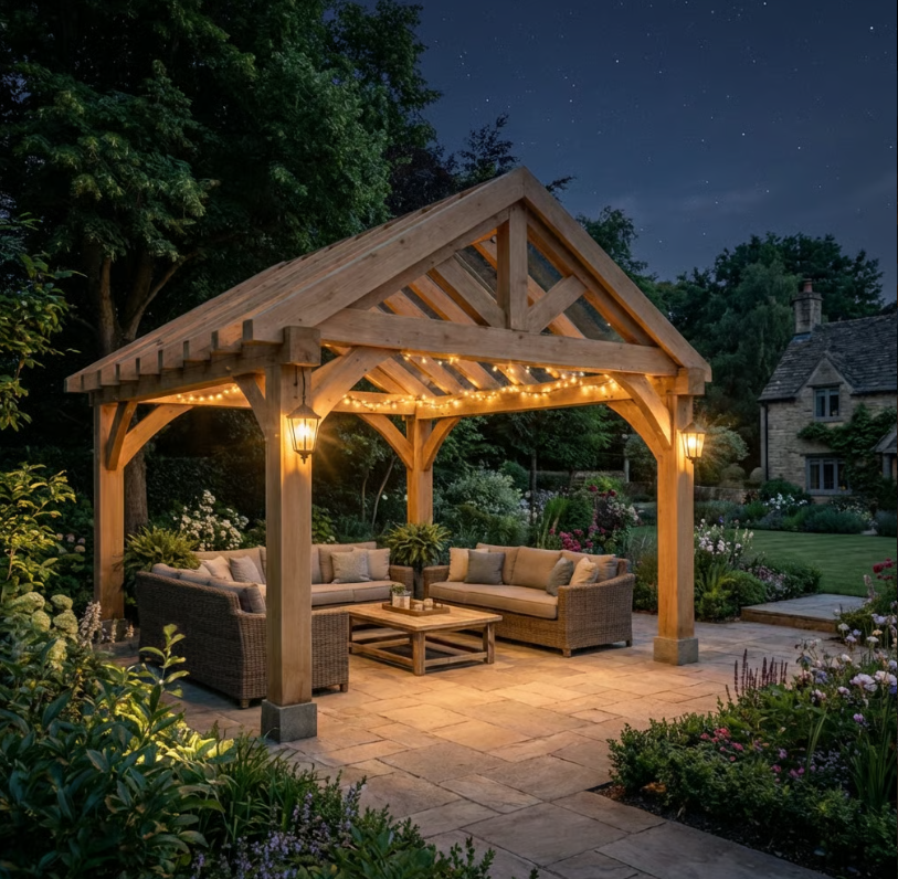 Ruby Oak Apex Gazebo with Treated Featheredge Roof and Overhang