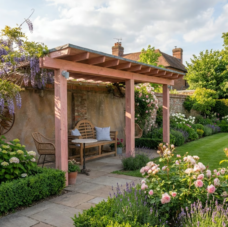 Planed Larch Lean-To Gazebo with Katepal Grey Shingle Roof