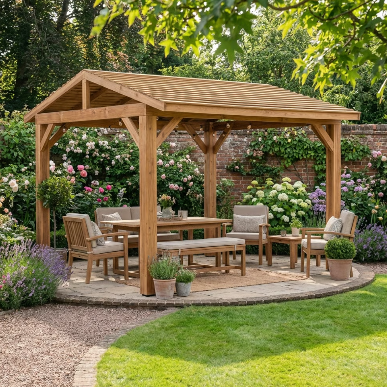 Ruby Planed Cedar Pergola with Cedar Featheredge Roof – No Overhang Design