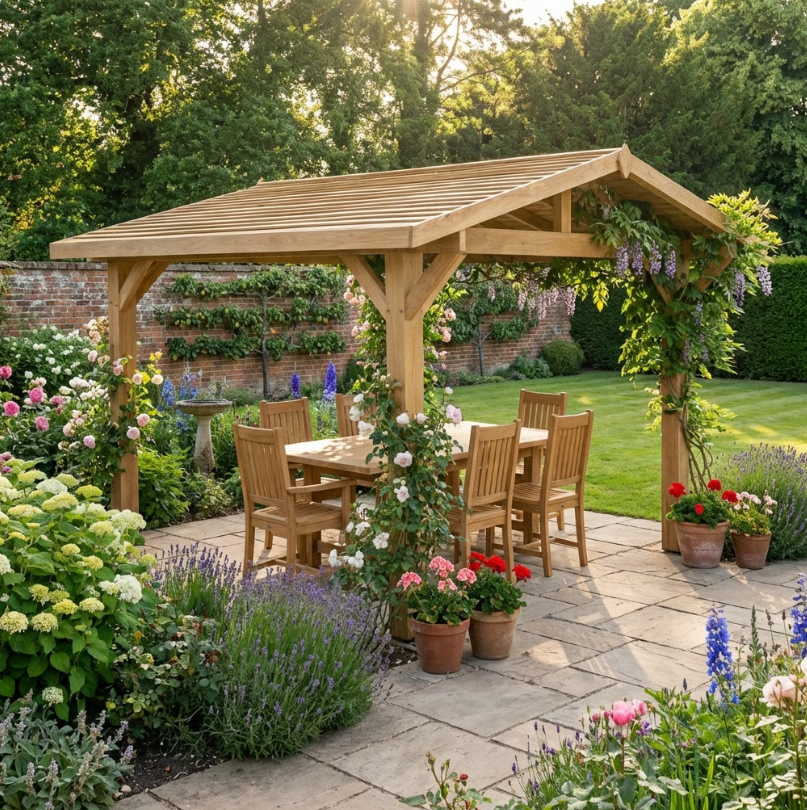 Ruby Oak Apex Gazebo with Treated Featheredge Roof and Overhang