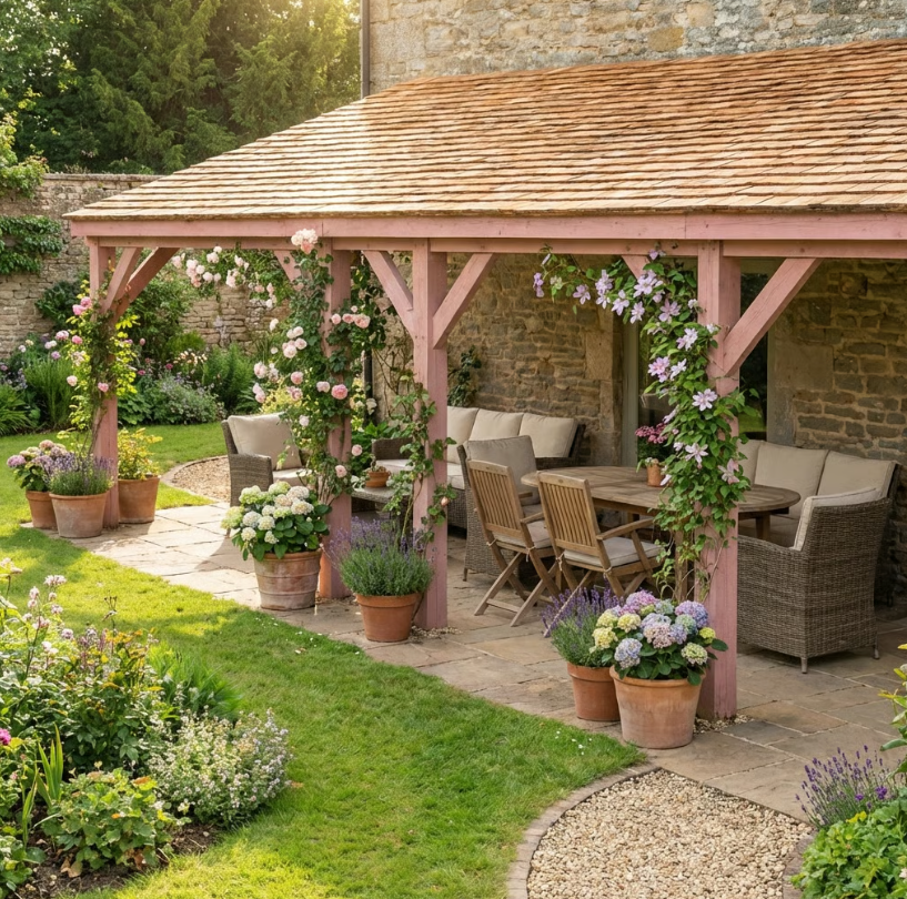 Planed Larch Lean-To Gazebo with Cedar Shingle Roof