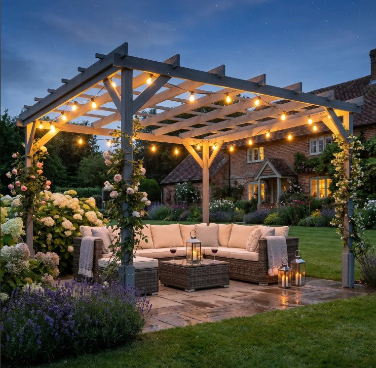 3m x 3m Wooden Pergola Kit Grey Garden Gazebo Shelter, Solid Fir Wood Outdoor Pergola with Stable Posts, Decorative Patio Arbour for Climbing Plants, Vines, Decking, Lawn & Garden Shade
