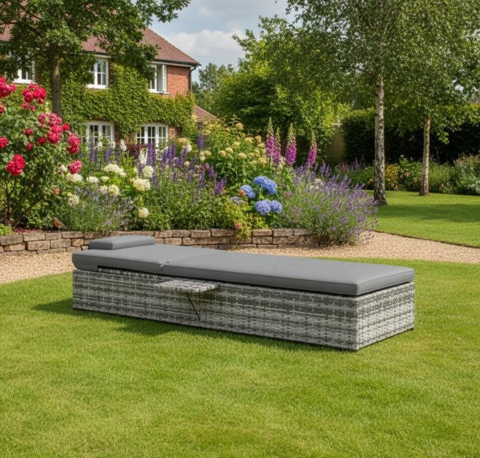 Grey Rattan Sun Lounger with Cushion & Tea Tray - 5-Level Reclining Outdoor Patio Furniture