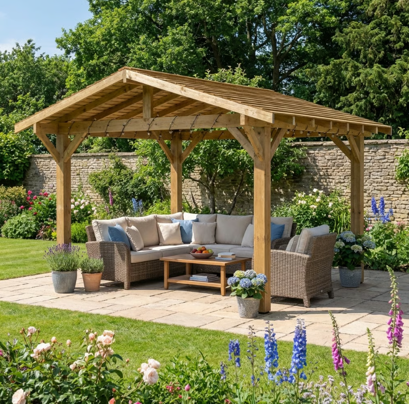 Ruby Wooden Apex Gazebo with Cedar Featheredge Roof – With Overhang Design