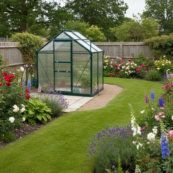 6ft x 4ft Walk-In Polycarbonate Greenhouse with Aluminium Frame, Sliding Door & Vent Window – Outdoor Garden Grow House for Plants, Vegetables & Flowers – Dark Green