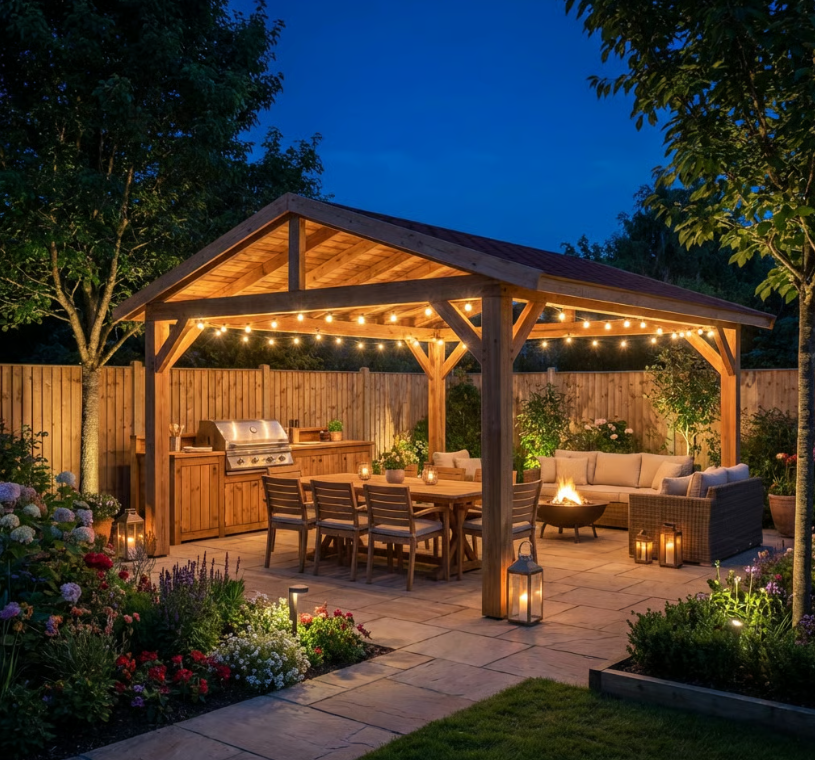 Ruby Planed Cedar Pergola with Katepal Red Shingle Roof – No Overhang Design