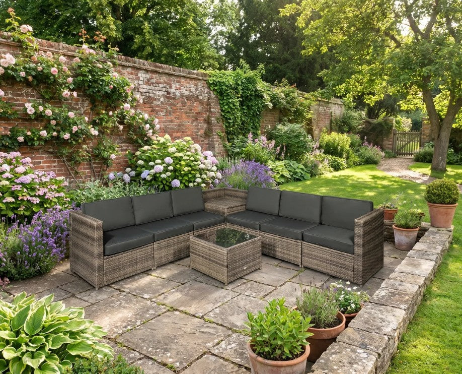 Brown 8 Piece Rattan Furniture Set with Cushions - x3 Two Seater Sofas With Table and Cushions