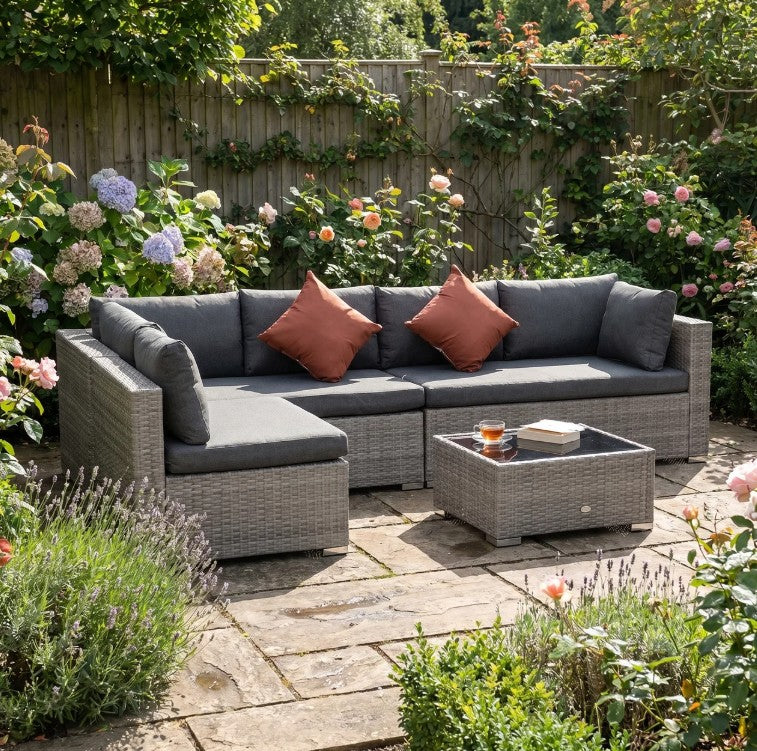 Grey Four-Piece 6 Seater Rattan Corner Sofa Set With Red Cushions