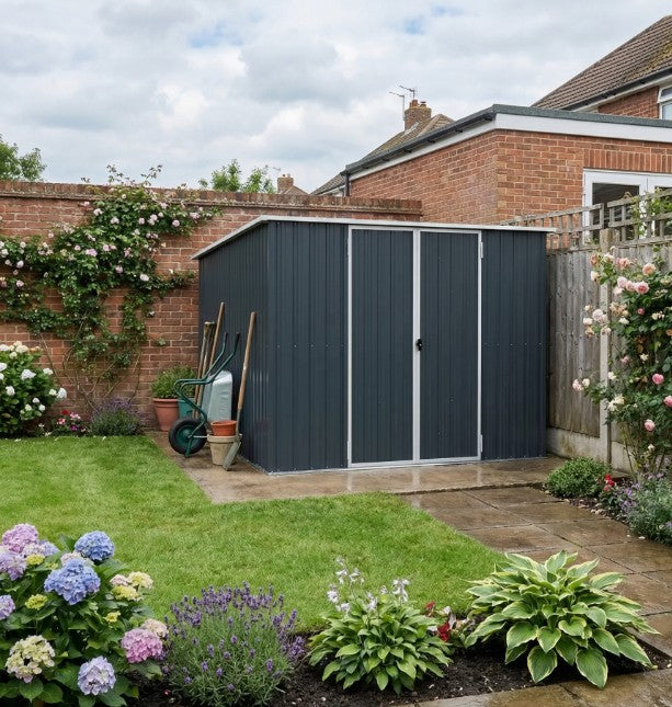 11ft x 5.6ft Dark Grey Steel Garden Shed With Lockable Doors and Gloves