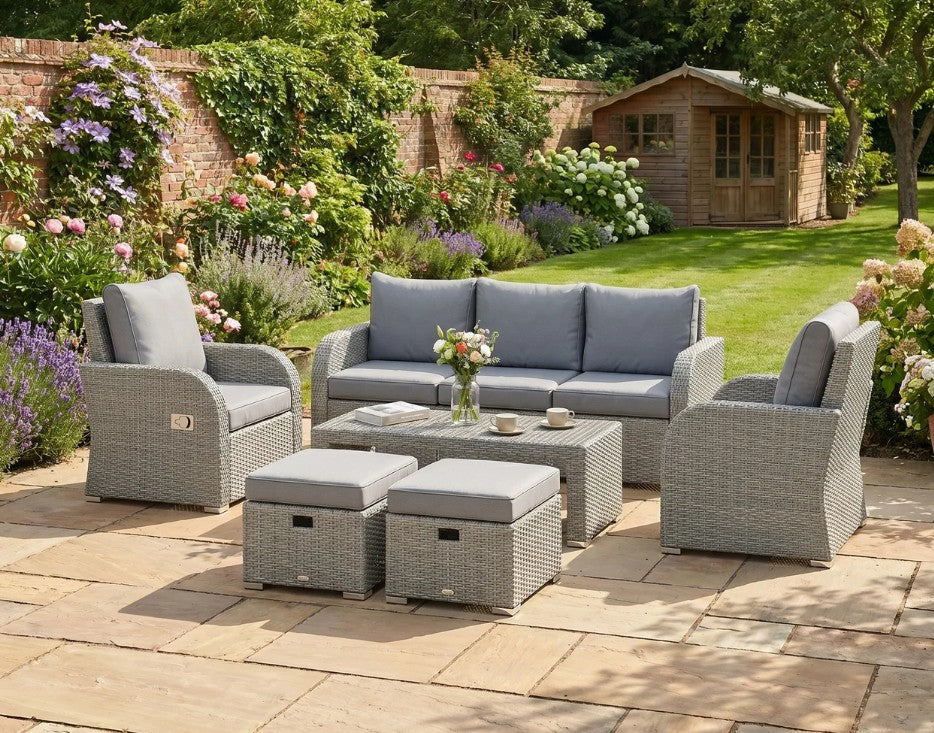 Dark Grey 6-Piece Rattan Garden Lounge Set with Reclining Armchairs, Hidden Footstools & Coffee Table