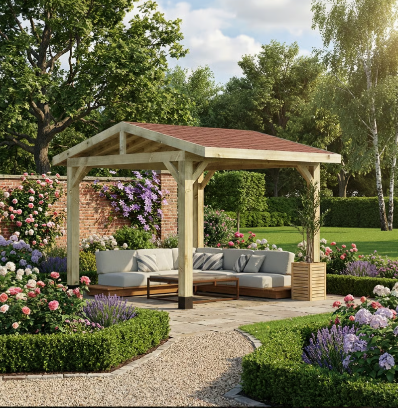 Ruby Wooden Apex Gazebo with Katepal Red Shingle Roof - Classic Garden Gazebo (No Overhang)