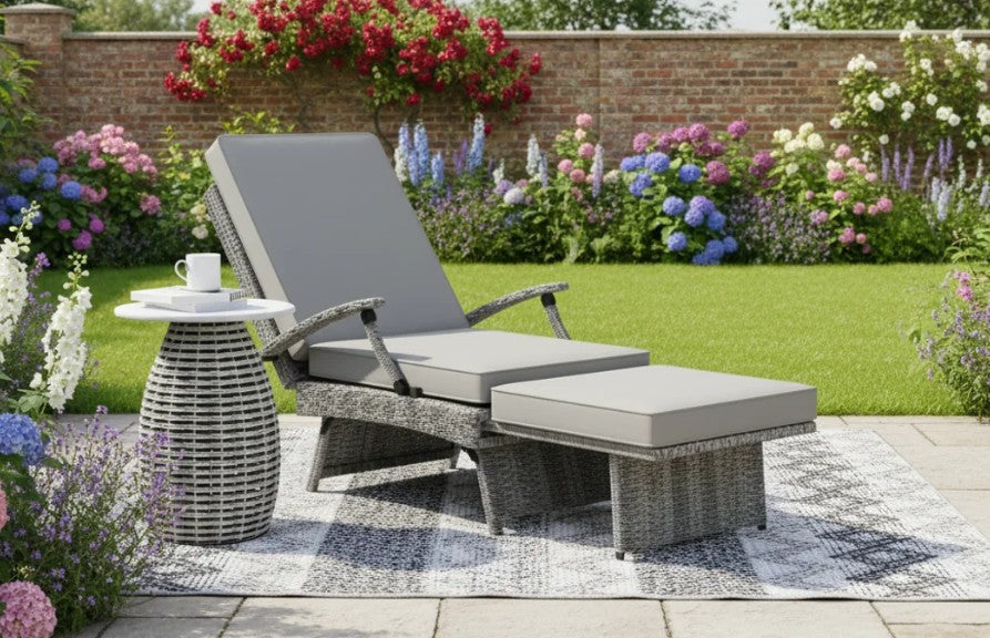 80° Reclining Rattan Lounger With Padded Cushions - Grey