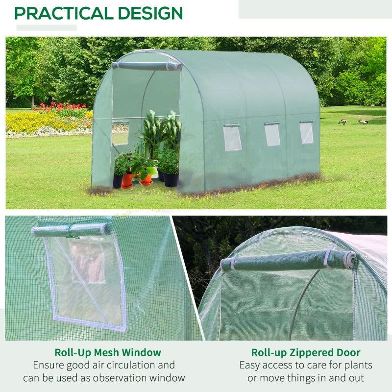 Green Garden Tunnel Greenhouse with Roll-Up Door, 3x2M