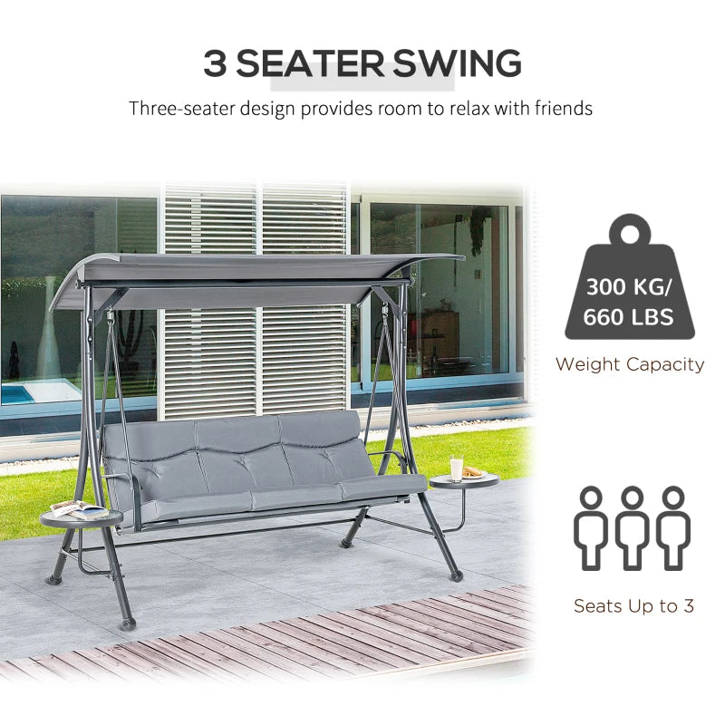 Grey 3-Seater Garden Swing Chair with Adjustable Canopy, Cushion, and Coffee Tables