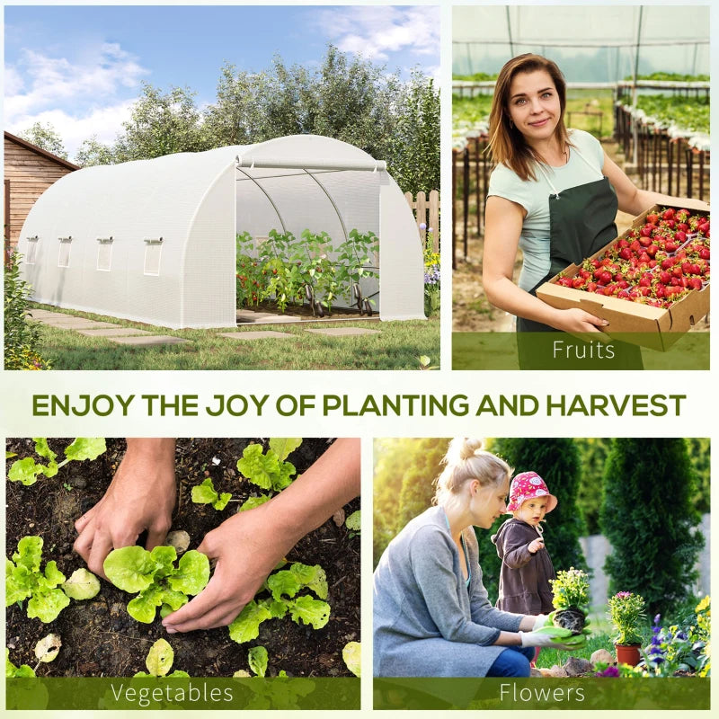 Green Walk-In Polytunnel Greenhouse, Metal Frame, Zippered Door, 8 Windows - White