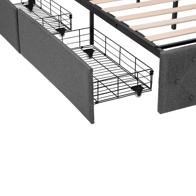 Modern Grey Double Upholstered Bed with Storage Drawers & Adjustable Button Tufted Headboard - 200L x 142W x 109H cm