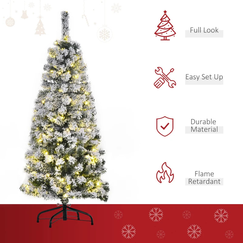4FT Prelit Snow Flocked Christmas Tree with Warm White LED Lights - Festive Green & White Holiday Home Decoration