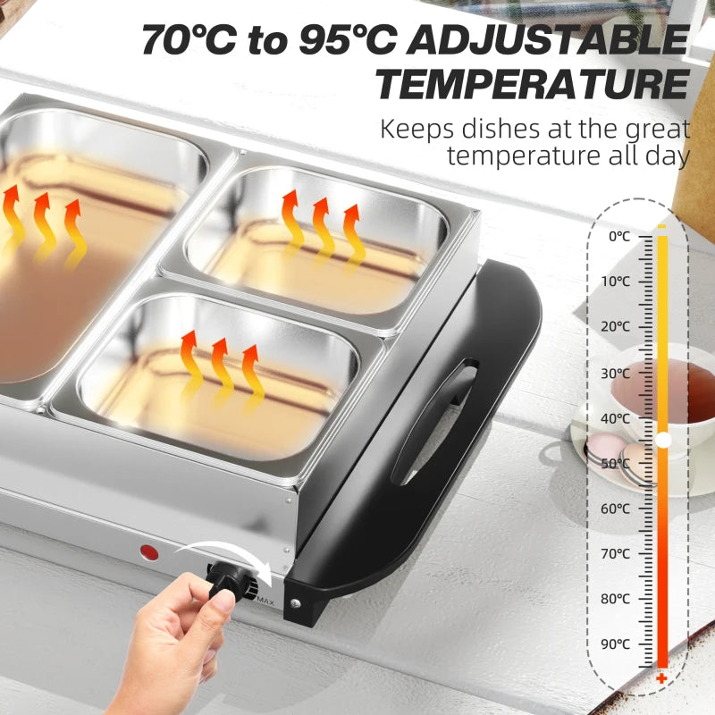 4.5L Stainless Steel Electric Buffet Server with 3 Trays & Lids - Perfect for Parties & Catering