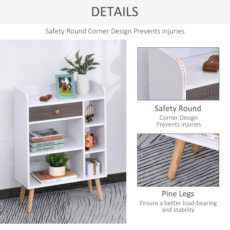 Freestanding Bookcase with Storage Drawer - 6 Shelves, Wood Legs, White & Grey - Home Office Display, 24D x 60W x 86.8H cm